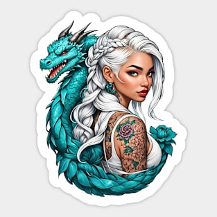 Bohemian Tattooed Girl with a dragon pet comic design Sticker